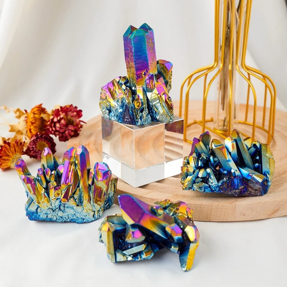 Natural Rough Rainbow Titanium Plating Aura Quartz Clusters Spiritual Crystals Gemstone Healing Stones Specimen for Decor