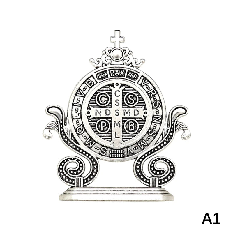 St. Benedict Cross Craft Ornament Enamel Metal Saint Statue Car Home Office Table Decoration Religious Blessing Decor