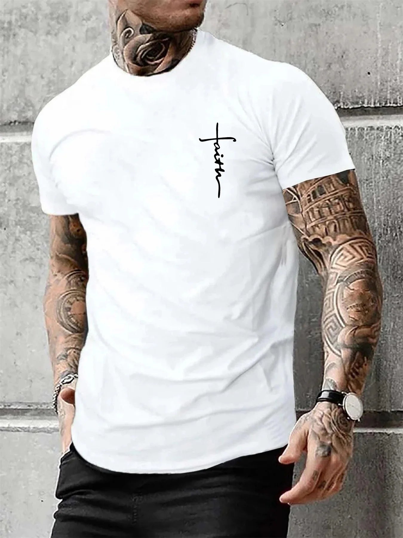 Summer men's 100% pure cotton casual loose fit plus size cross faith pattern printed round neck short sleeved T-shirt top