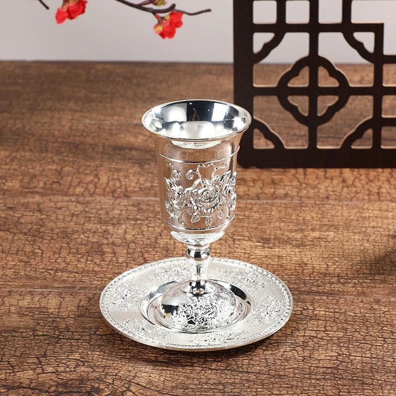 Silver Plated Kiddush Cup Nickel Plated Wine Cup with Saucer Jewish Shabbos Goblet Passover for Havdalah Passover Gift