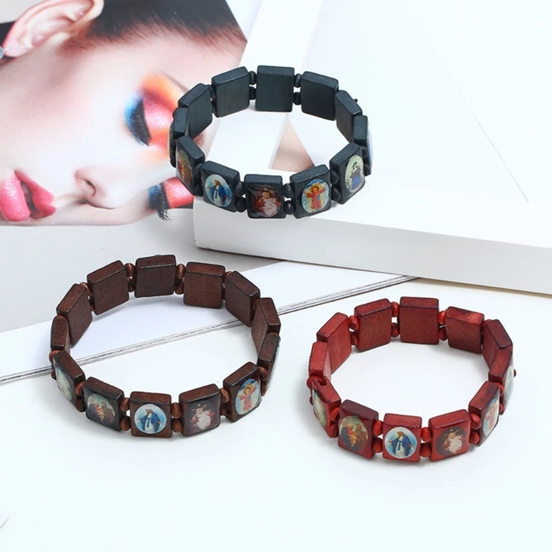 U6XE Wooden Rosary Jesus Bracelet Elastic Coloured Beads Catholic Bangle Religious Saint Holy Gods Devotion Bracelet