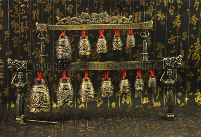 Chinese Old Meditation Gong with 7 Ornate Bell with Dragon Design Chinese Musical Instrument Bronze Metal Handicraft Home Decor