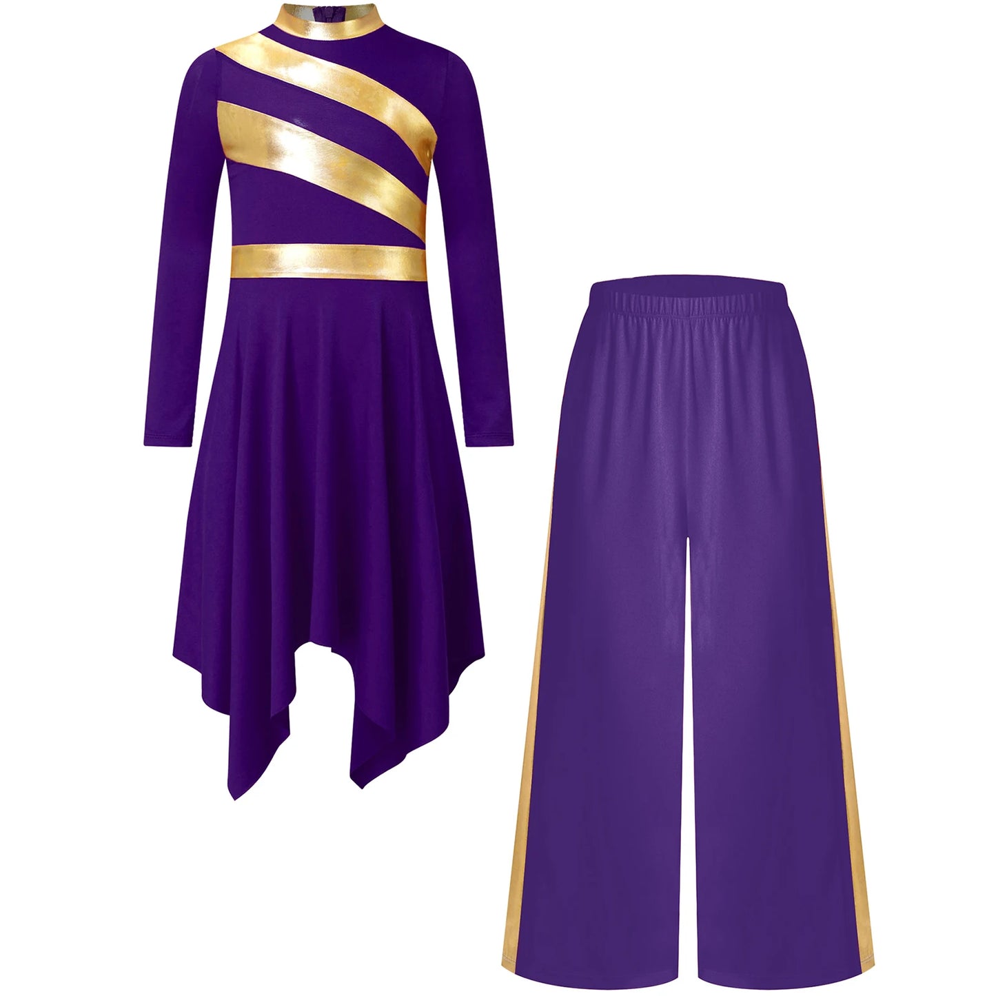 Kids Girls Praise Clothes Set Ballet Lyrical Performance Costume Metallic Church Christian Worship Robe Dress Tunic Dancewear