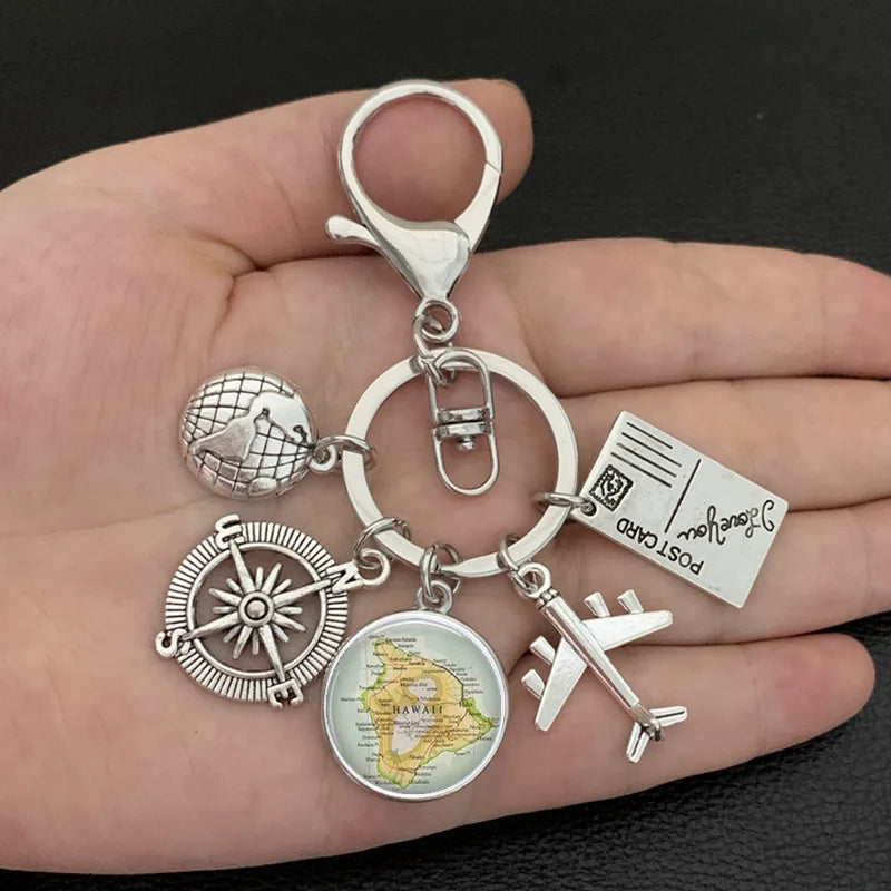 New ideas Earth plane keychain pendant earth compass personality memorial key ring gift for travel lovers