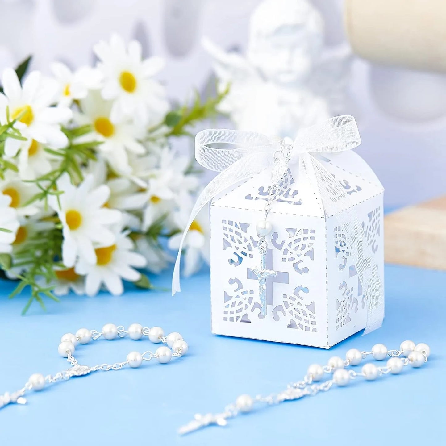 10/20pcs Christening Acrylic Rosary Beads Faux Pearls with Cross Christening Gift Box for Christening Wedding Party Favors