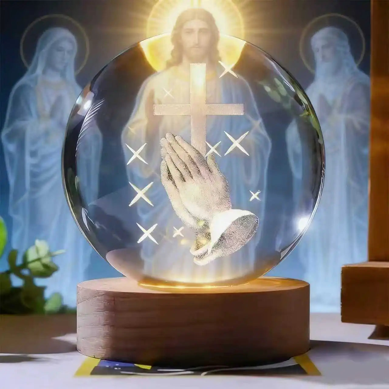 Illuminated Jesus and Virgin Mary Crystal Ball Set with Cross for Devotion rosarios catolicos  jesus christ