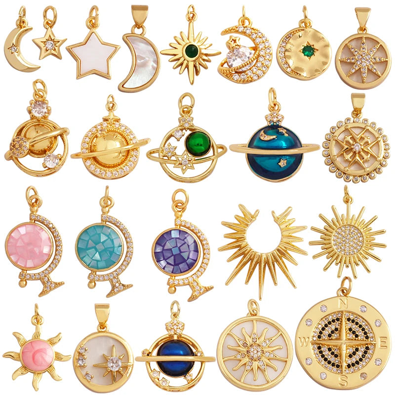 Trendy Shining Moon Star Sun Tellurion Celestial Compass Charm Pendant Gold Colour, Jewelry Necklace Bracelet Making Supply S39