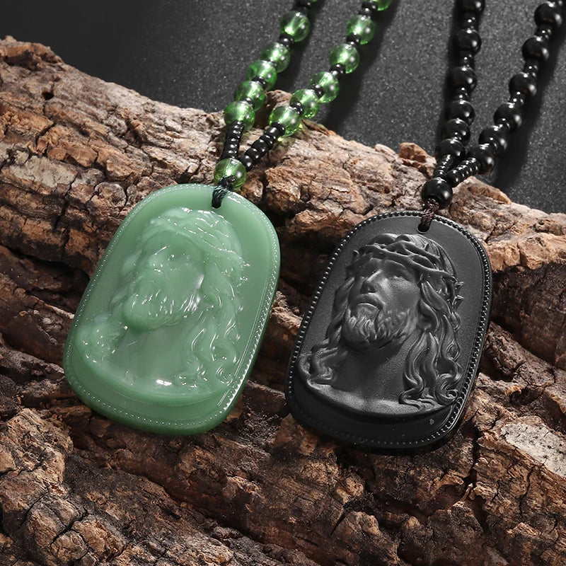 Classic Religious Emerald Green Imitation Jade Jesus Statue Pendant Necklace Men Women Christian Prayer Amulet Jewelry