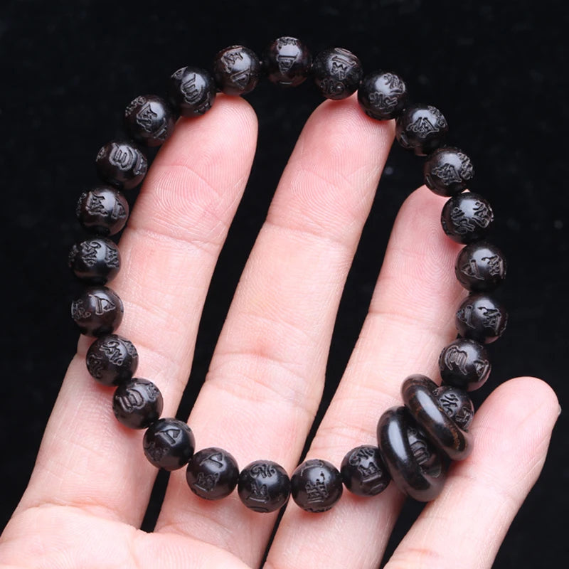 Authentic Natural Ebony Tibetan Six-Character Mantra Tibetan Prayer Wheel Bracelet 15mm Unisex Bracelet