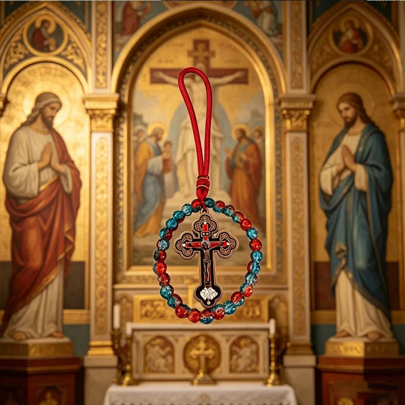Handcrafted Orthodox Catholic Car Rosary with Clear Glass Beads Crucifix Pendant for Auto Interior Home Altar Christian Gift Dec