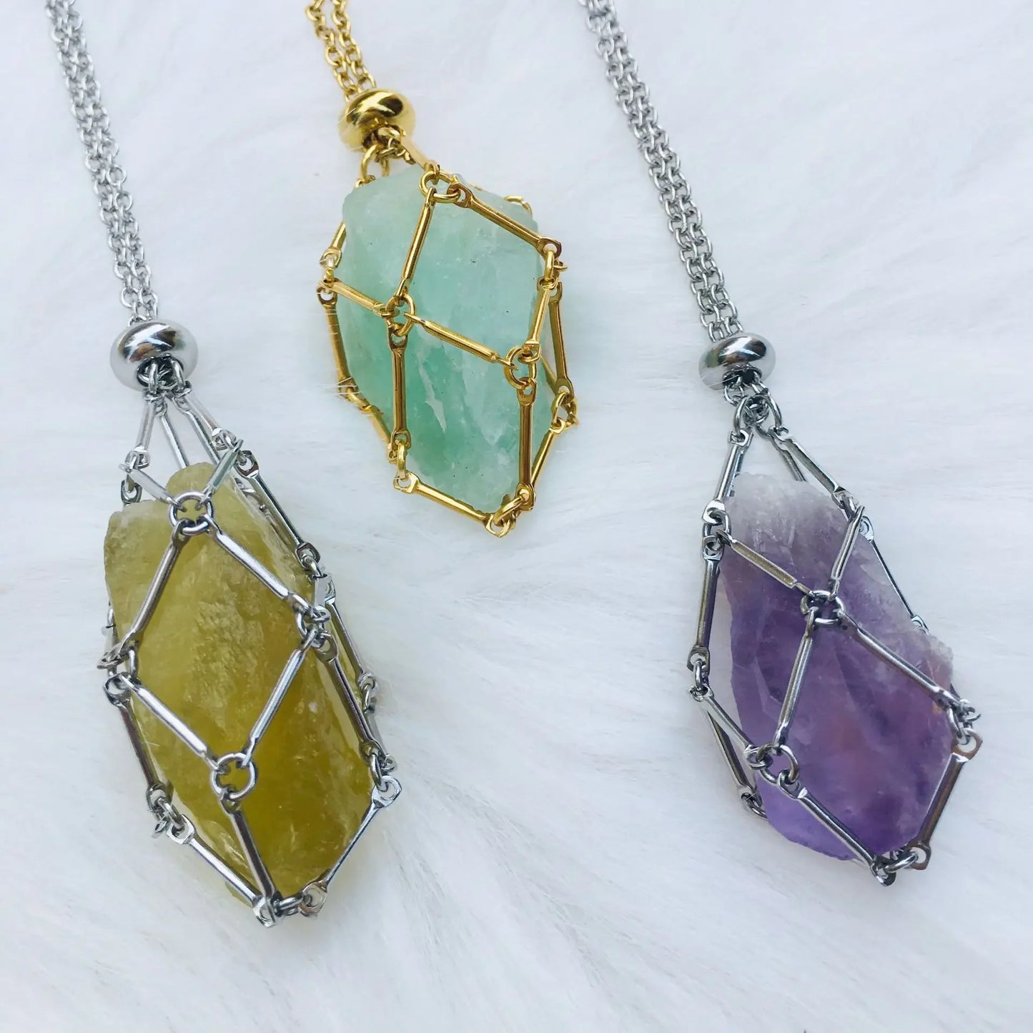 Natural Healing Crystal Raw Stone Net Pocket Pendant Necklace Energy Reiki Pendant Stainless Steel Chain Healing Stone Jewelry