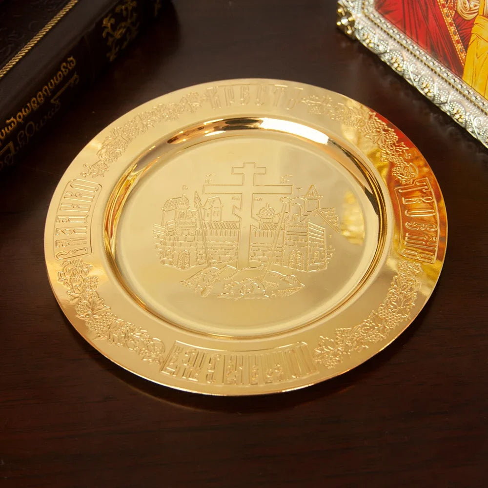 HTISOK Premium Gold-Tone Orthodox Eucharist Set: Communion Disc & Spoon, Engraved Liturgical Vessels for Church Use and Devotion