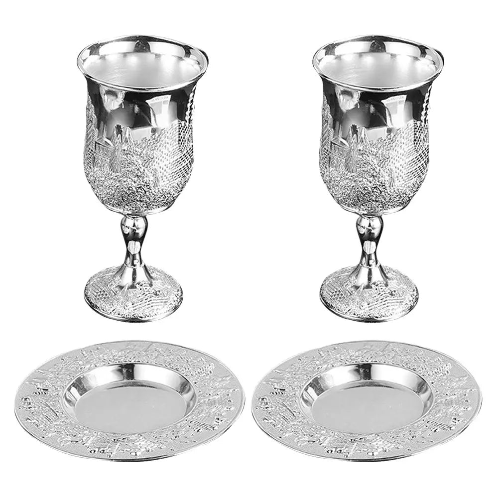 2Set Jewish Ritual Cup Set Metal Shabbos Wine Goblet with Intricate Embossing for Sabbath Holiday Ceremonies Zinc Alloy Blessing
