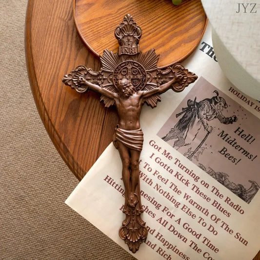 Vintage Cross Wood Carving Religious St. Benedict's Exorcism Catholic Prayer Home Decor