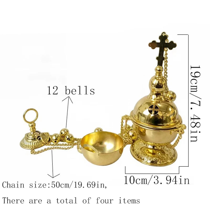 New Gold Plated Catholic Orthodox Hanging Censer Set with Bells for Church Home Altar Incense Burning Religious Devotion Gift