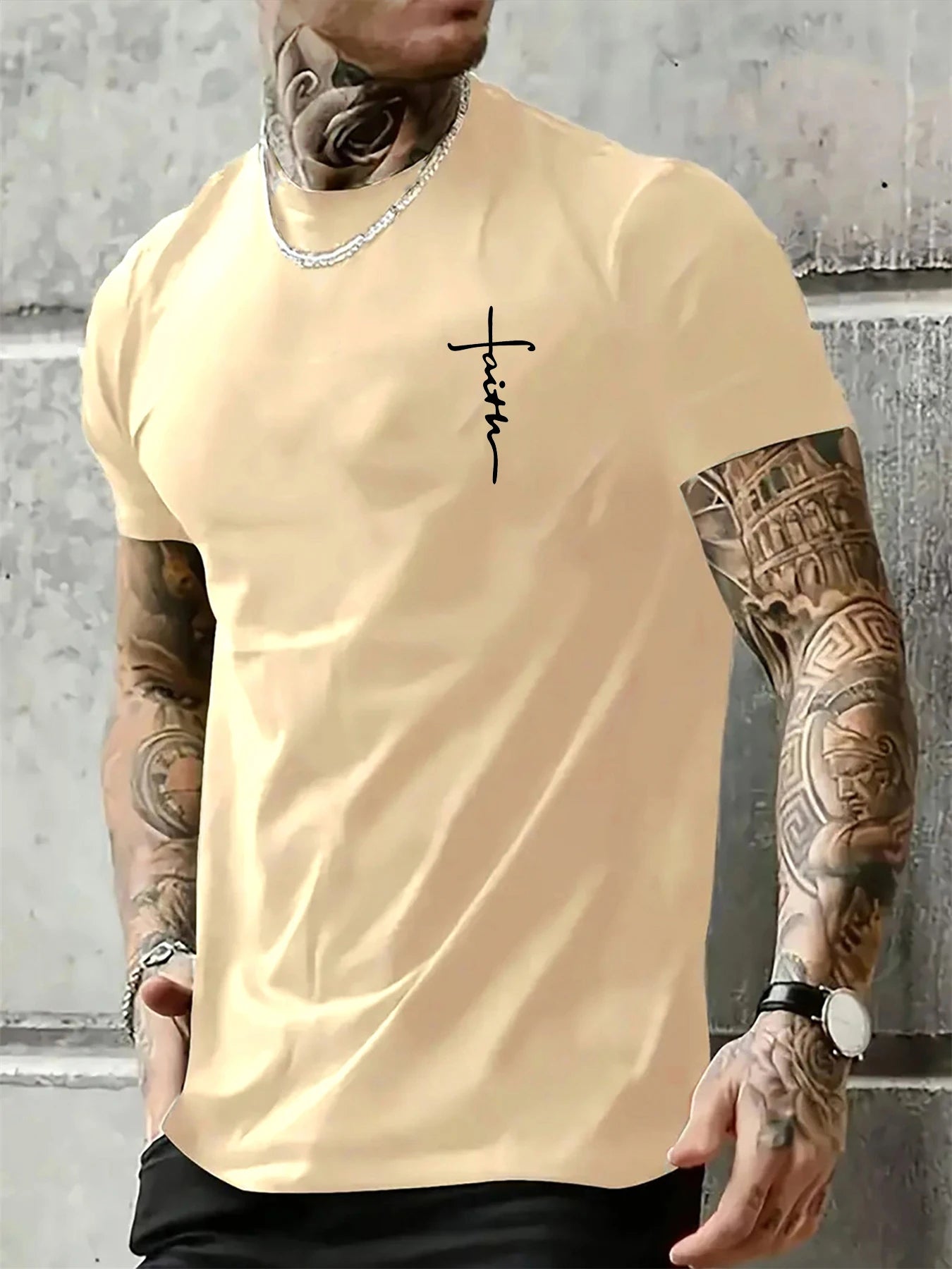 Summer men's 100% pure cotton casual loose fit plus size cross faith pattern printed round neck short sleeved T-shirt top