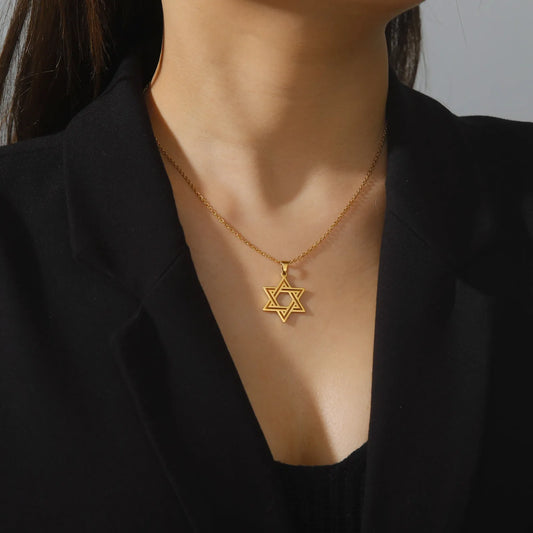 Jewish Bible Stainless Steel Hexagram Chain Necklace Women Men Cutout Star of David Hexagon Choker Necklace Mezuzah Jewelry