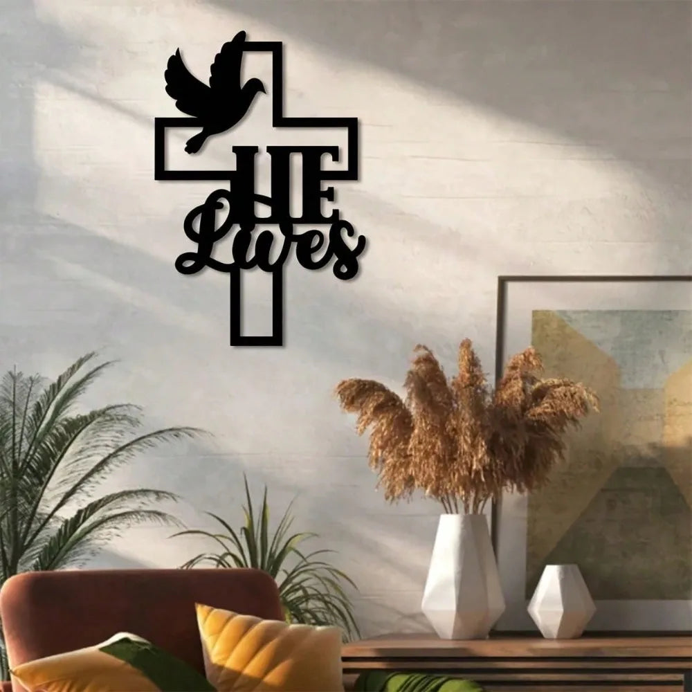 Faith Hope Love Christian Cross Metal Wall Art 15.75in Black Gold Dove Home Decor