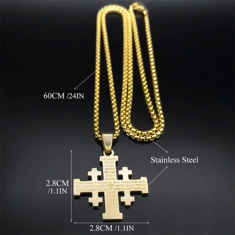 Christian Jerusalem Cross Pendant Necklace for Men Women Stainless Steel Bible Verse Lord's Prayer Chain Jewelry collar N3239S02