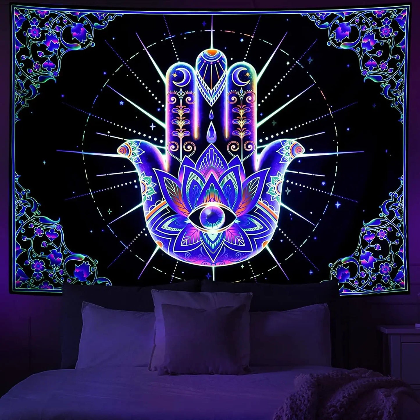 VIKAMA Neon Illusion Hamsa Hand Tapestry Cosmic Nebula All Seeing Eye Meditation Room Bohemian Bedroom Home Decor Tapestry