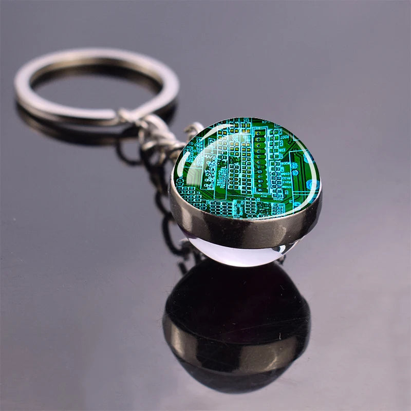 Circuit Board Pattern Keychains Double Sided Glass Ball Pendant Key Chains Computer Geek Keyring Creative Fashion Jewelry Gifts