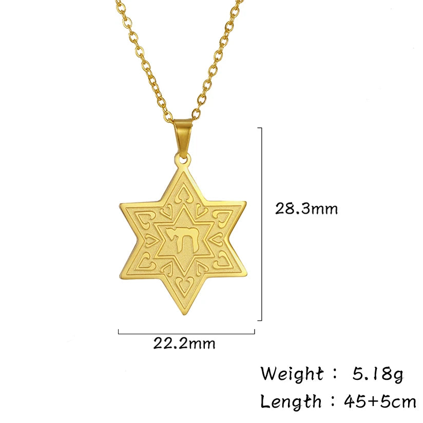 LIKGREAT Hexagram IDF Symbol Necklace Women Men Star of David Chai Pendant Jewish Stainless Steel Jewelry