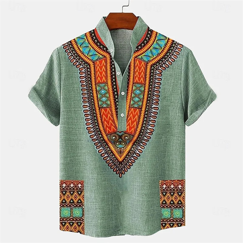 Men's shirt ethnic style 3D printing henley shirt, men's fashion button down collar short sleeve, high quality men's tops