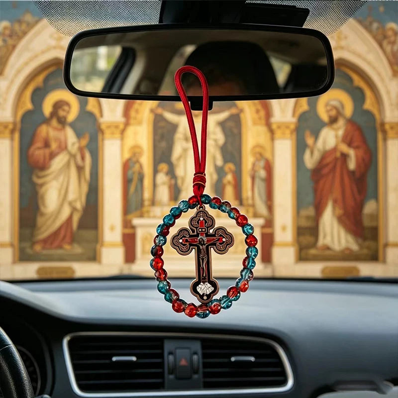 Handcrafted Orthodox Catholic Car Rosary with Clear Glass Beads Crucifix Pendant for Auto Interior Home Altar Christian Gift Dec