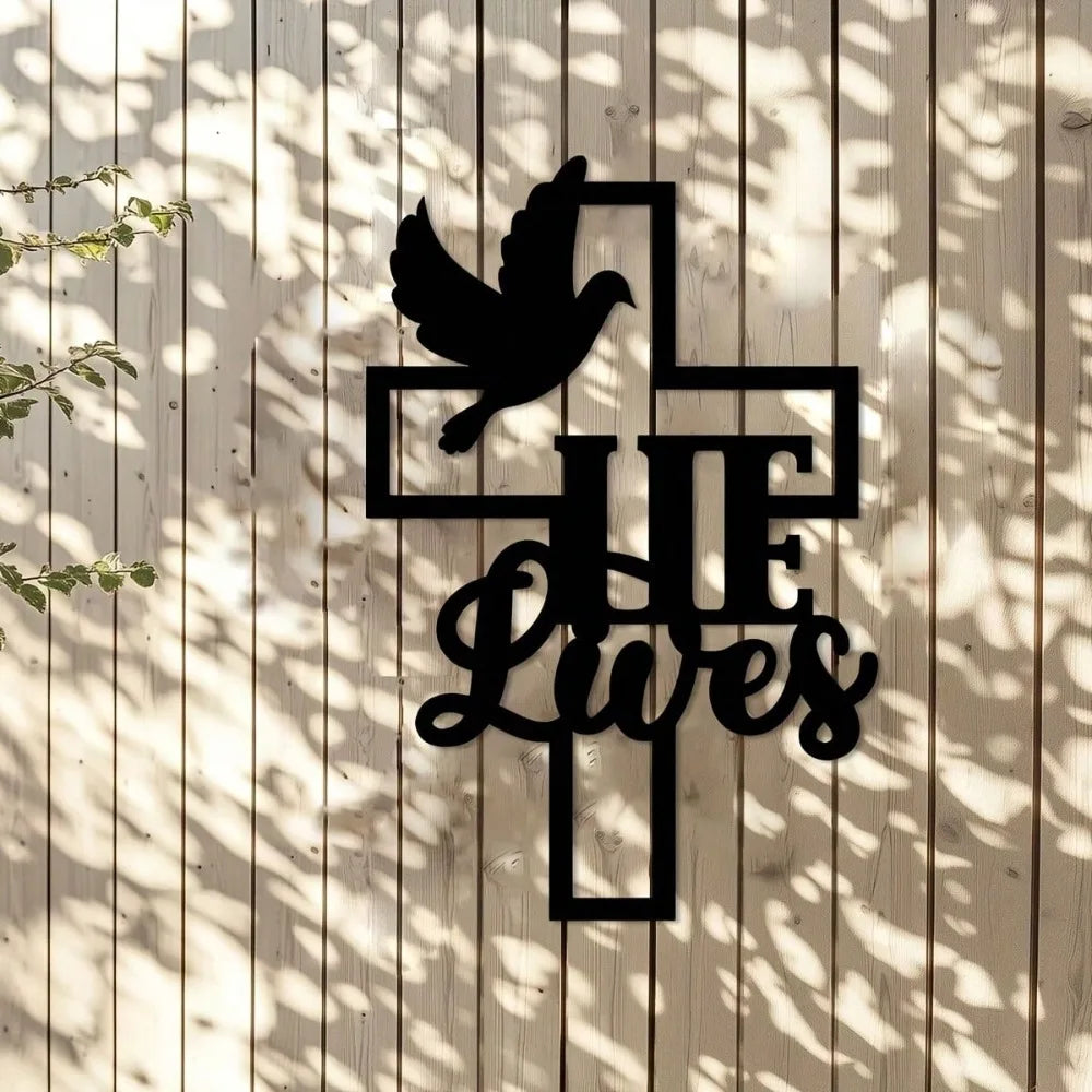 Faith Hope Love Christian Cross Metal Wall Art 15.75in Black Gold Dove Home Decor