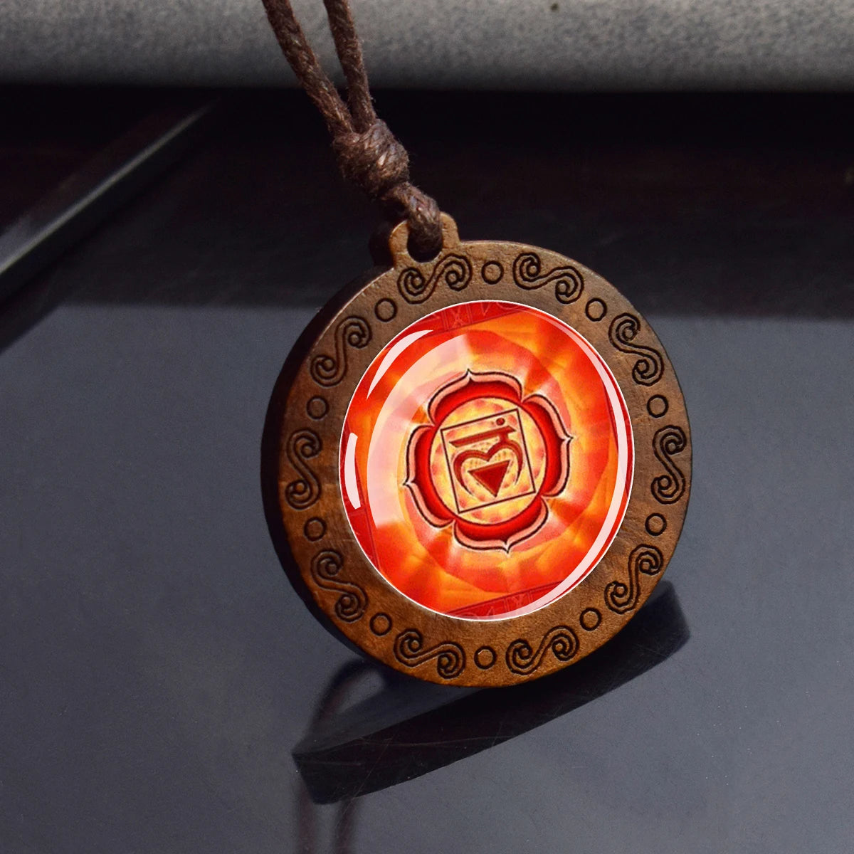 7Chakra Symbol Necklace Yoga Meditation Glass Dome Vintage Wooden Pendant Rope Chains Necklace Women Men Indian Buddhism Jewelry
