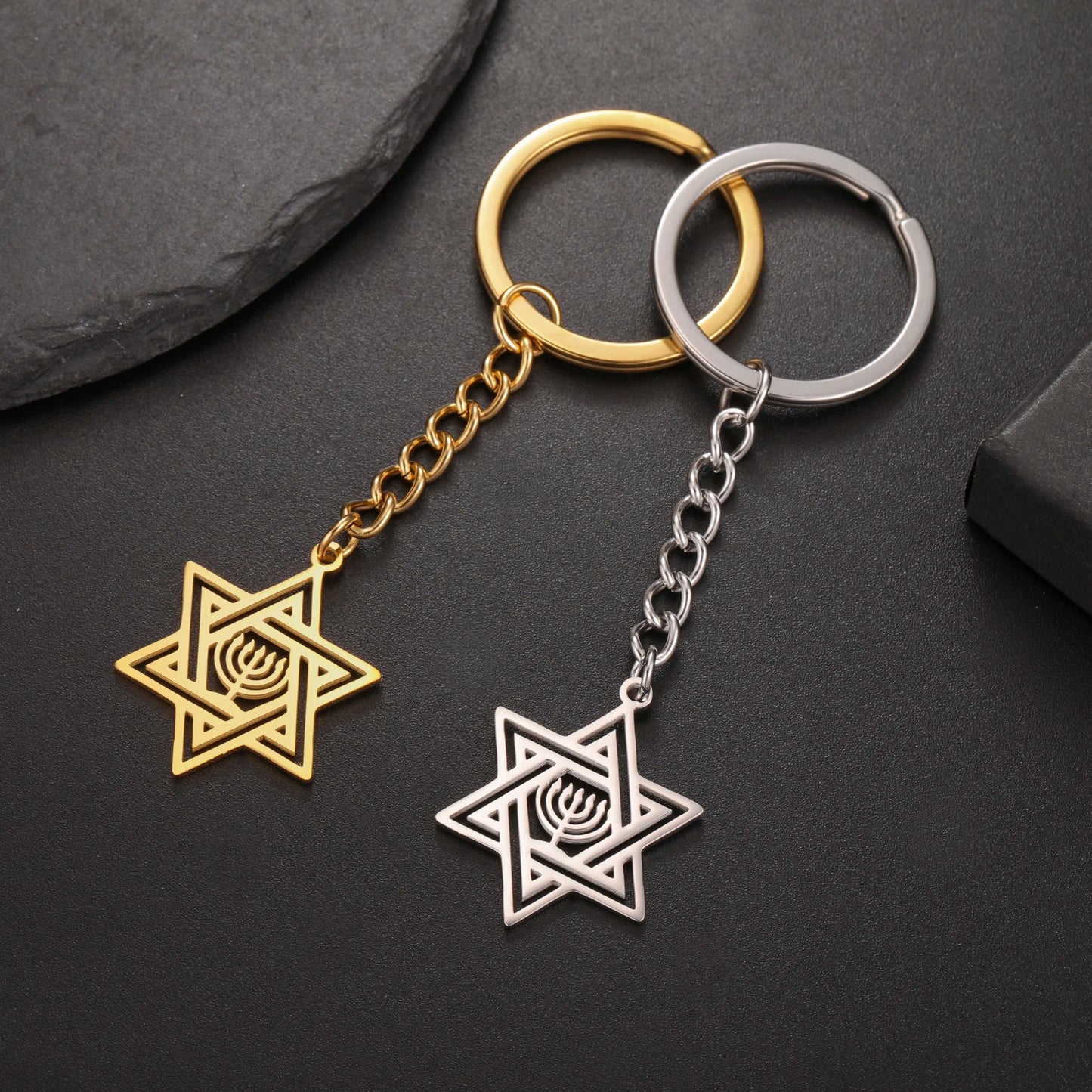 Lucktune Star Of David Hanukkah Menorah Keychain Stainless Steel Hexagram Candlestic Jewish Keyring Women Amulets Jewelry Gifts