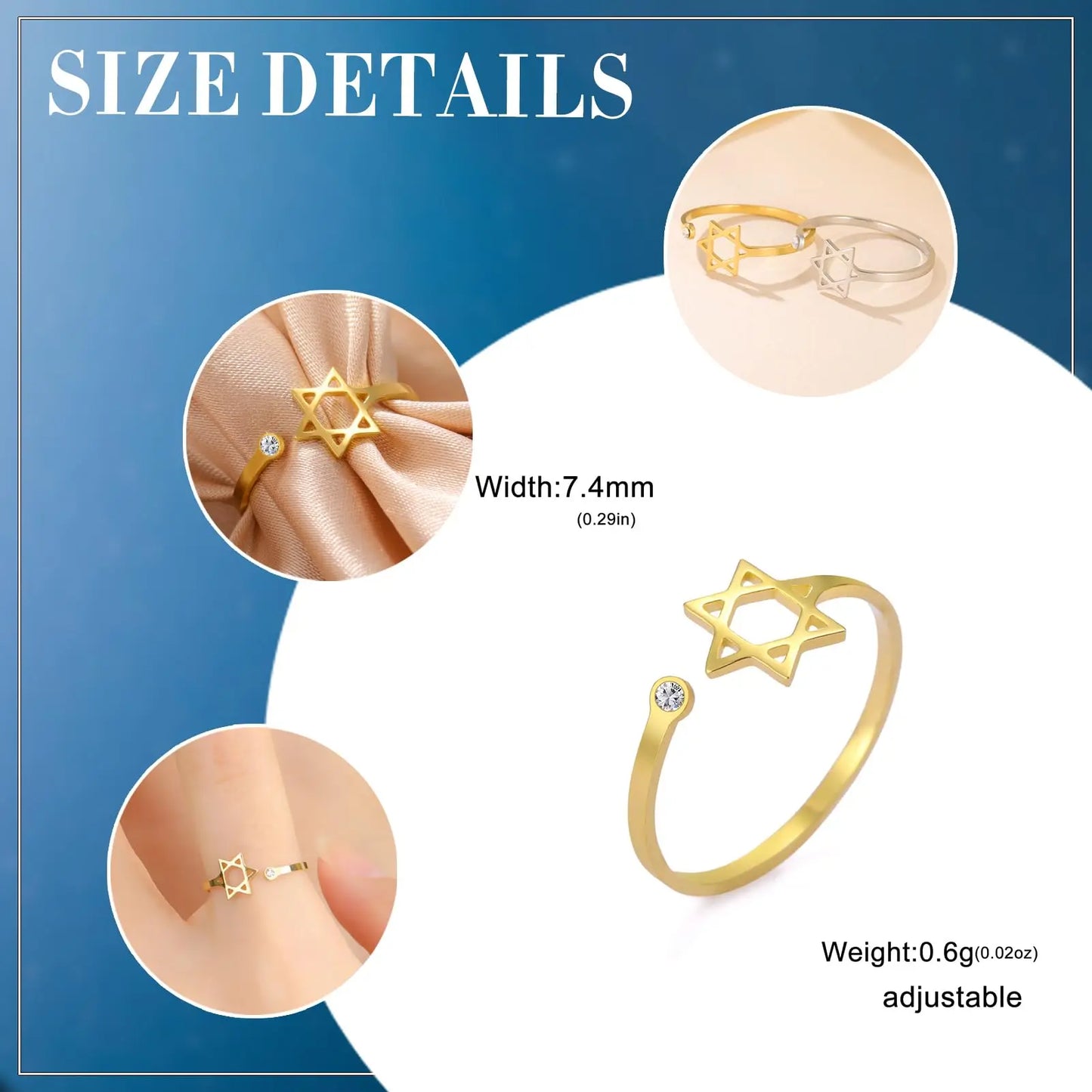 Dreamtimes Star of David Rings for Women Stainless Steel Adjustable Open Rings with Clear Zircon Hexagram Jewish Ring Jewelry