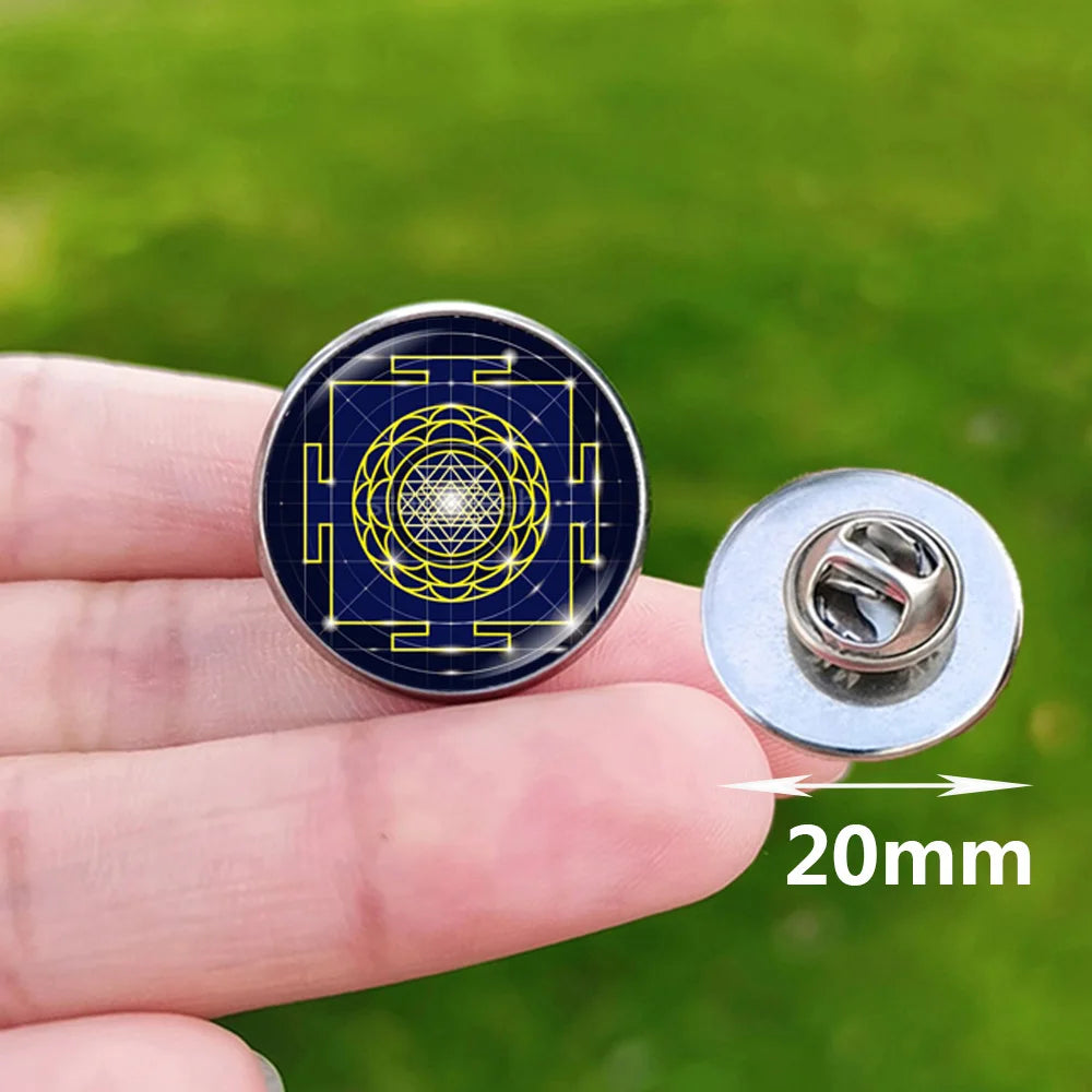Metatron Cube Stainless Steel Pin Badge Sri Yantra Sacred Geometry Glass Brooch for Men Women Bag Decoration