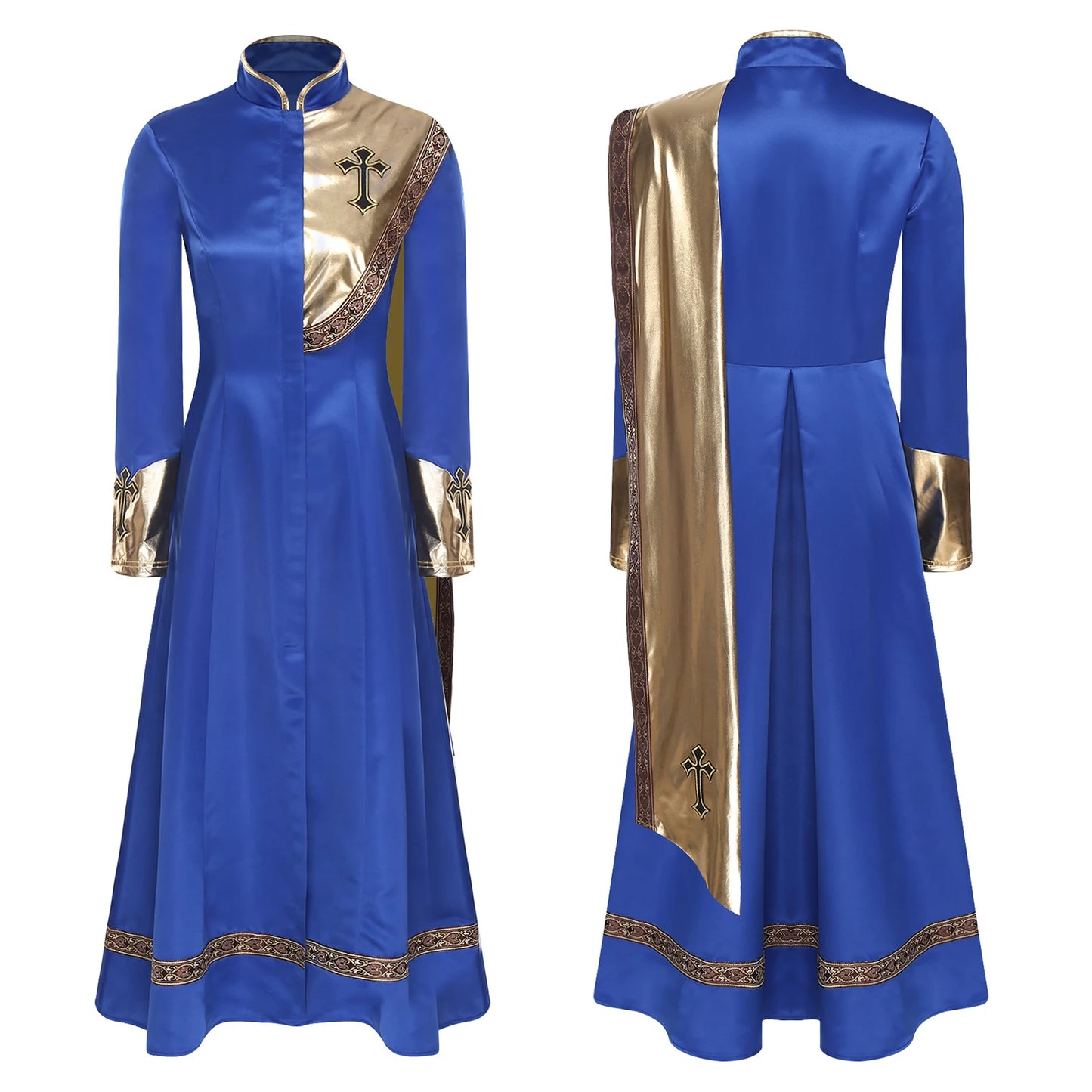 Women Pastor Robe Cassocks Long Sleeve Cross Print Priest Vestment Church Choir Gown Halloween Catholic Clergy Cosplay Costume