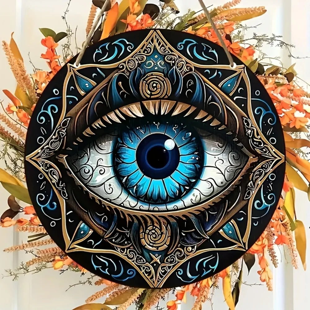 1 piece, "Bohemian style evil eye protection pattern design" round wooden decorative plate, wooden listing, door and window