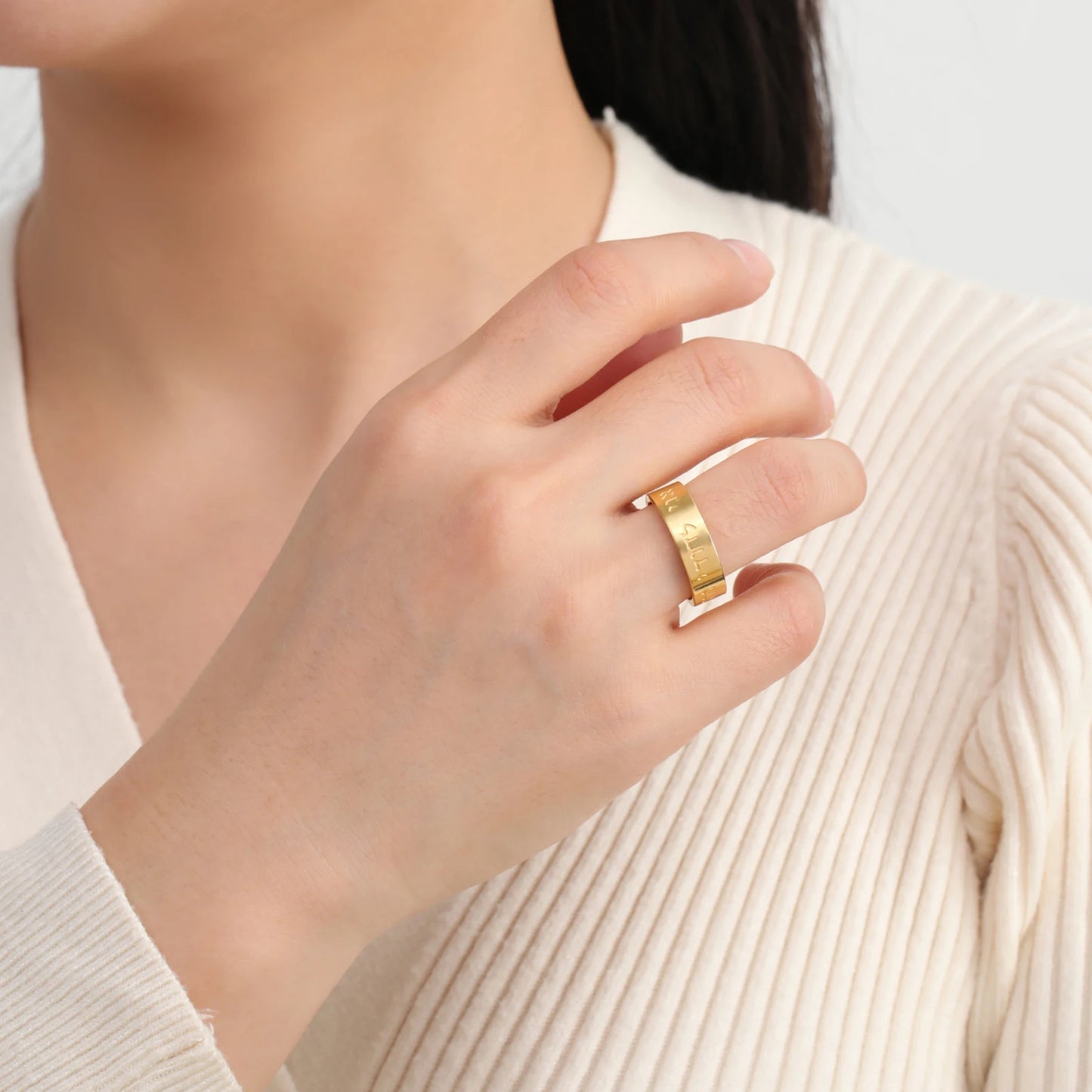 Teamer Blessing Hebrew Letter Wide Finger Ring Stainless Steel Jewish Prayer Wedding Love Commitment Jewelry for Women Men