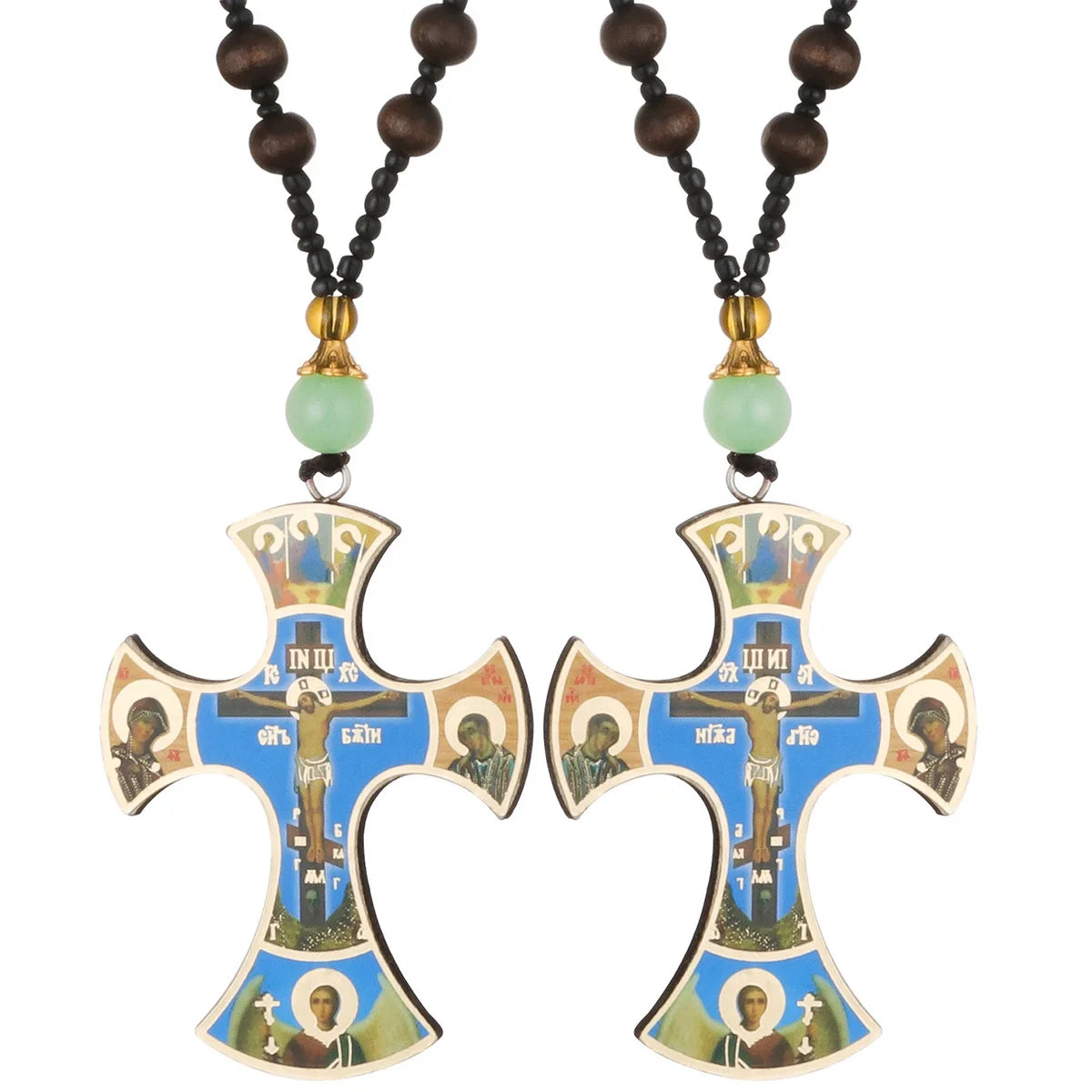 Diyalo Crucifix Jesus Christ Cross Icons Pendant Necklace Orthodox Wooden Beaded Chain Necklace Prayer Car Hanging Decor Jewelry