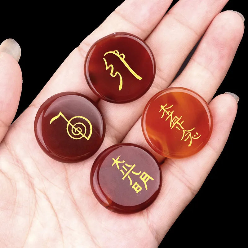4Pcs Natural Lapis Lazuli Stones Engraved Chakra Symbols Polished Palm Stones for Reiki Crystal Healing Balancing