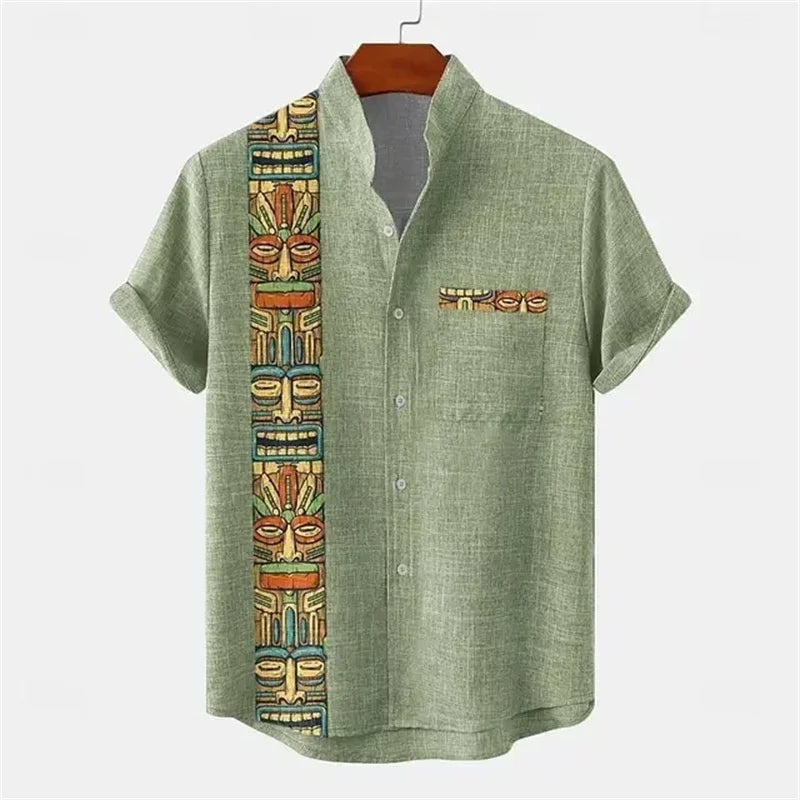 Men's shirt ethnic style 3D printing henley shirt, men's fashion button down collar short sleeve, high quality men's tops