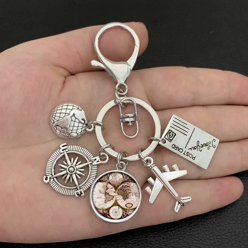 New ideas Earth plane keychain pendant earth compass personality memorial key ring gift for travel lovers