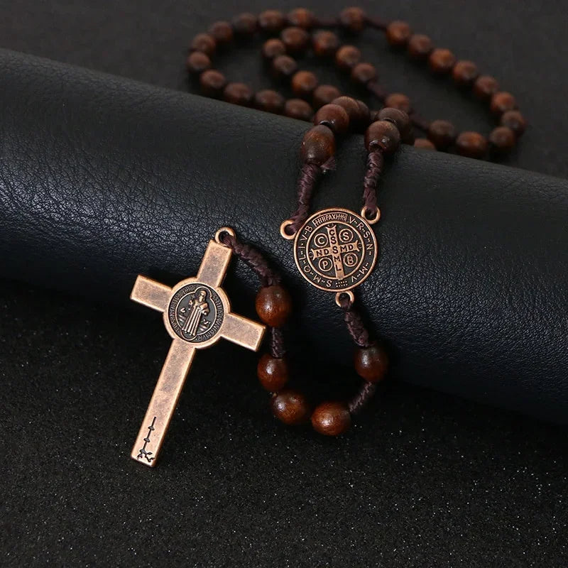 Christ Jesus Wooden Beads 8mm Rosary Bead Cross Car Pendant Woven Rope Chain Necklace Religious Orthodox Praying  Jewelry