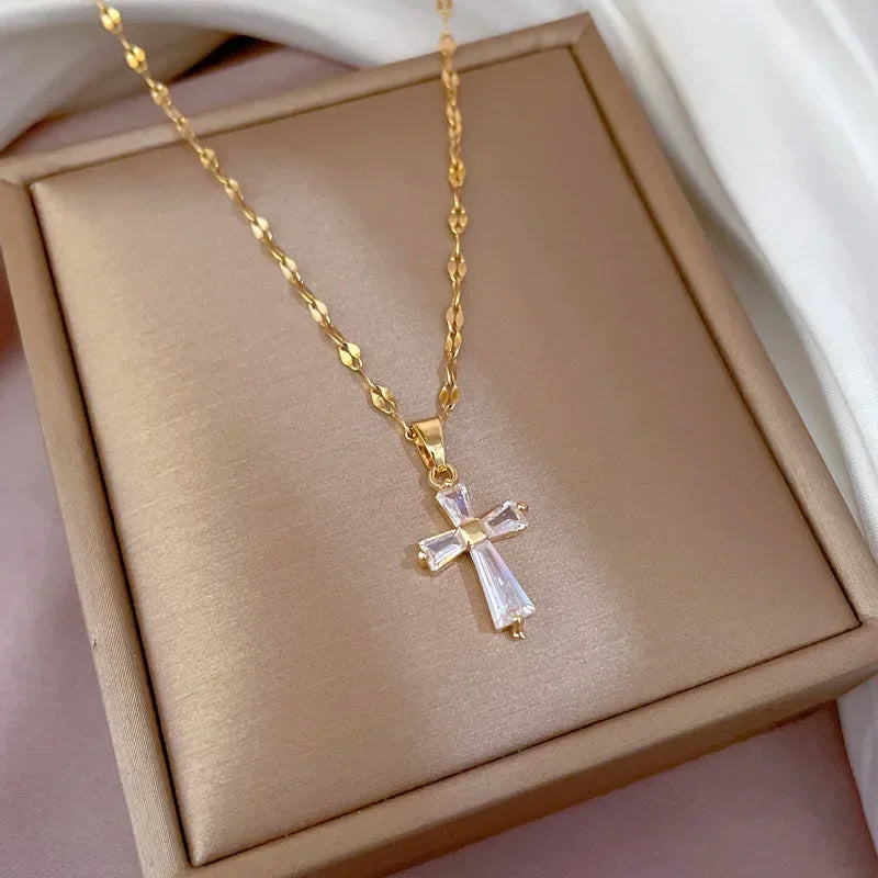 Exquisite Gold Color Stainless Steel Inlaid Crystal Cross Pendant Necklace for Women Men Luxury Full of Zircon Chokers Jewelry