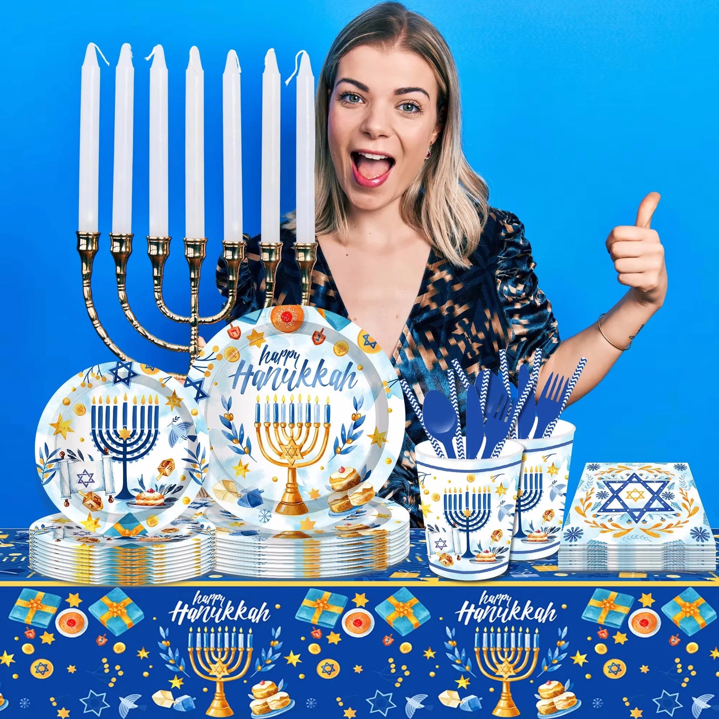 Happy Hanukkah Party Disposable Tableware Sets Paper Plates Cups Napkins Party Dinnerware Decor