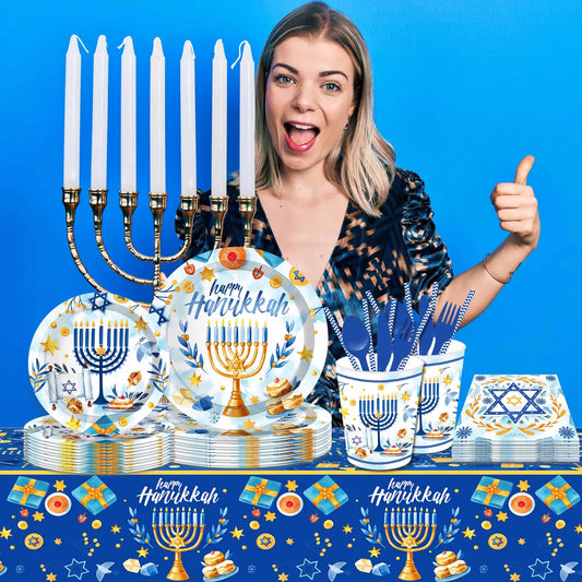 Happy Hanukkah Party Disposable Tableware Sets Paper Plates Cups Napkins Party Dinnerware Decor