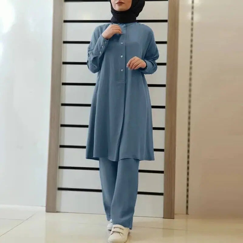 Modest Women Shirts Tops and Pants Autumn Two Pieces Abaya Sets Muslim Islamic Casual Kaftan Robe Turkey Clothing