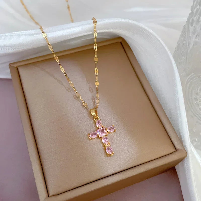 Exquisite Gold Color Stainless Steel Inlaid Crystal Cross Pendant Necklace for Women Men Luxury Full of Zircon Chokers Jewelry