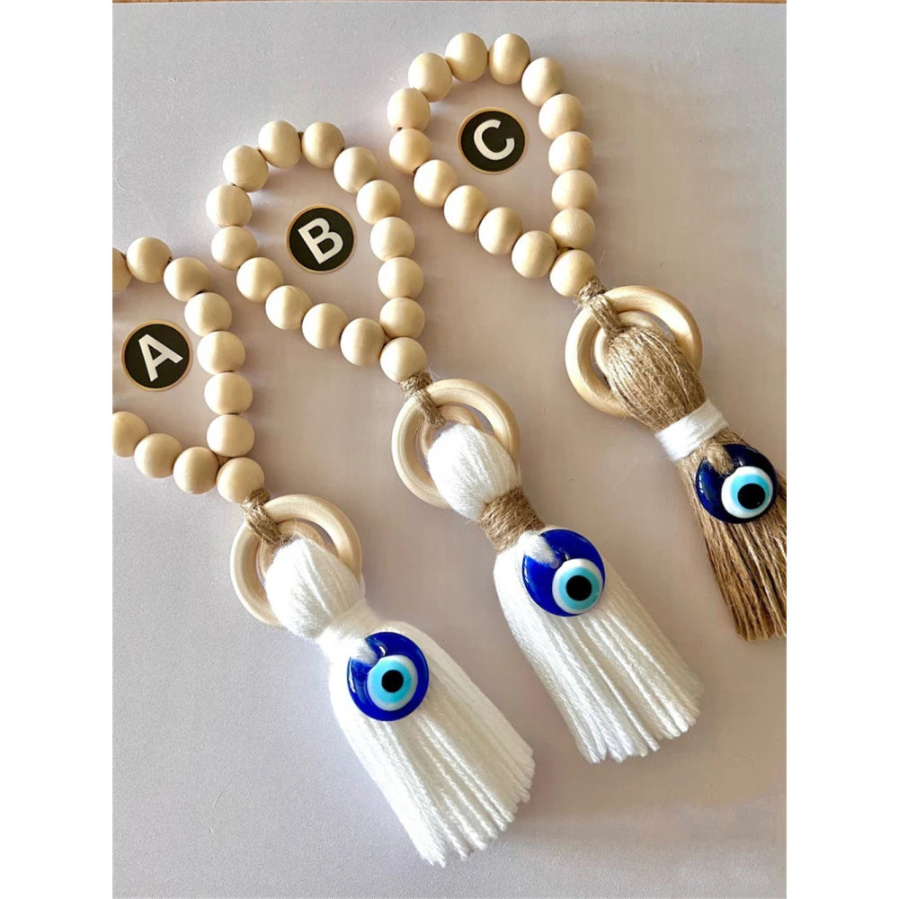 Wooden Guardian Amulet Tassel with Glass Evil Eye Bead Door-Knob Handle Hanging Modern Home Aesthetic Décor Home Decor Gift