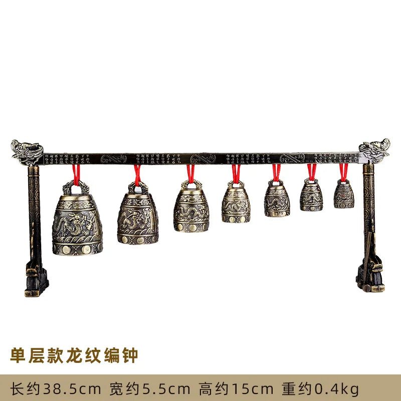 Chinese Old Meditation Gong with 7 Ornate Bell with Dragon Design Chinese Musical Instrument Bronze Metal Handicraft Home Decor