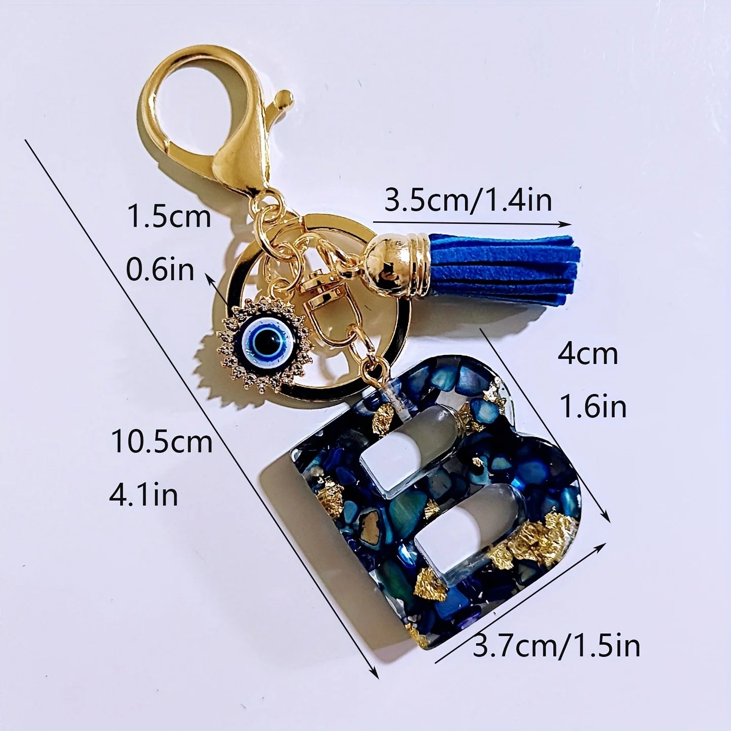 Blue Resin Initial Keychain - Evil Eye Letter Charm with Rhinestones & Tassel, Stylish Gift for Women, Lobster Clasp Accessory