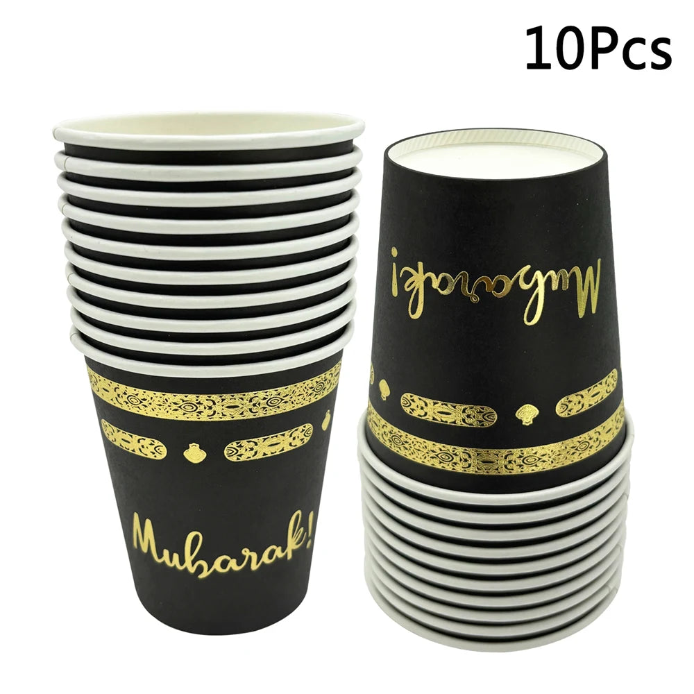 10Pcs Eid Umrah Mubarak Ramadan kareem Party Disposable Paper Plates Cup Napkin Islamic Muslim Eid al-fitr Decoration Supplies